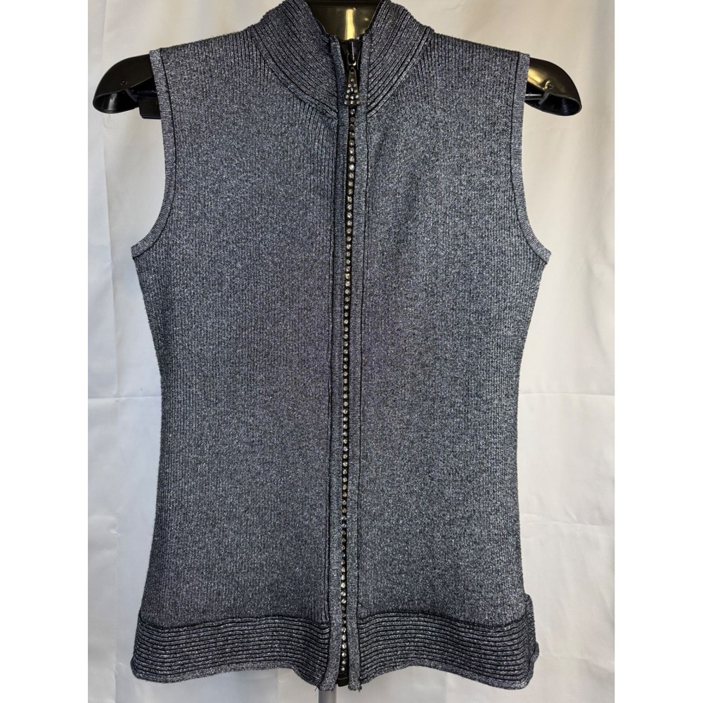 ABC Fashion Metallic Silver Rhinestone Zip Front Knit Vest Mock Neck Womens